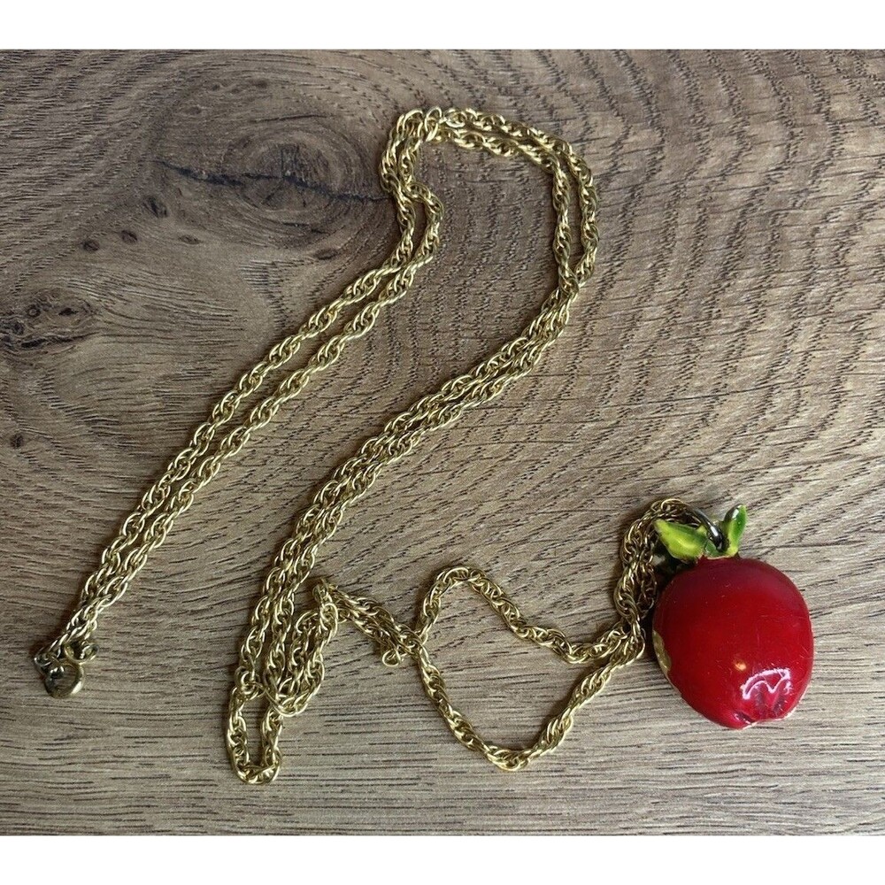 Red Apple Locket VTG Gold Chain Pendant Necklace Princess Snow White Whimsical